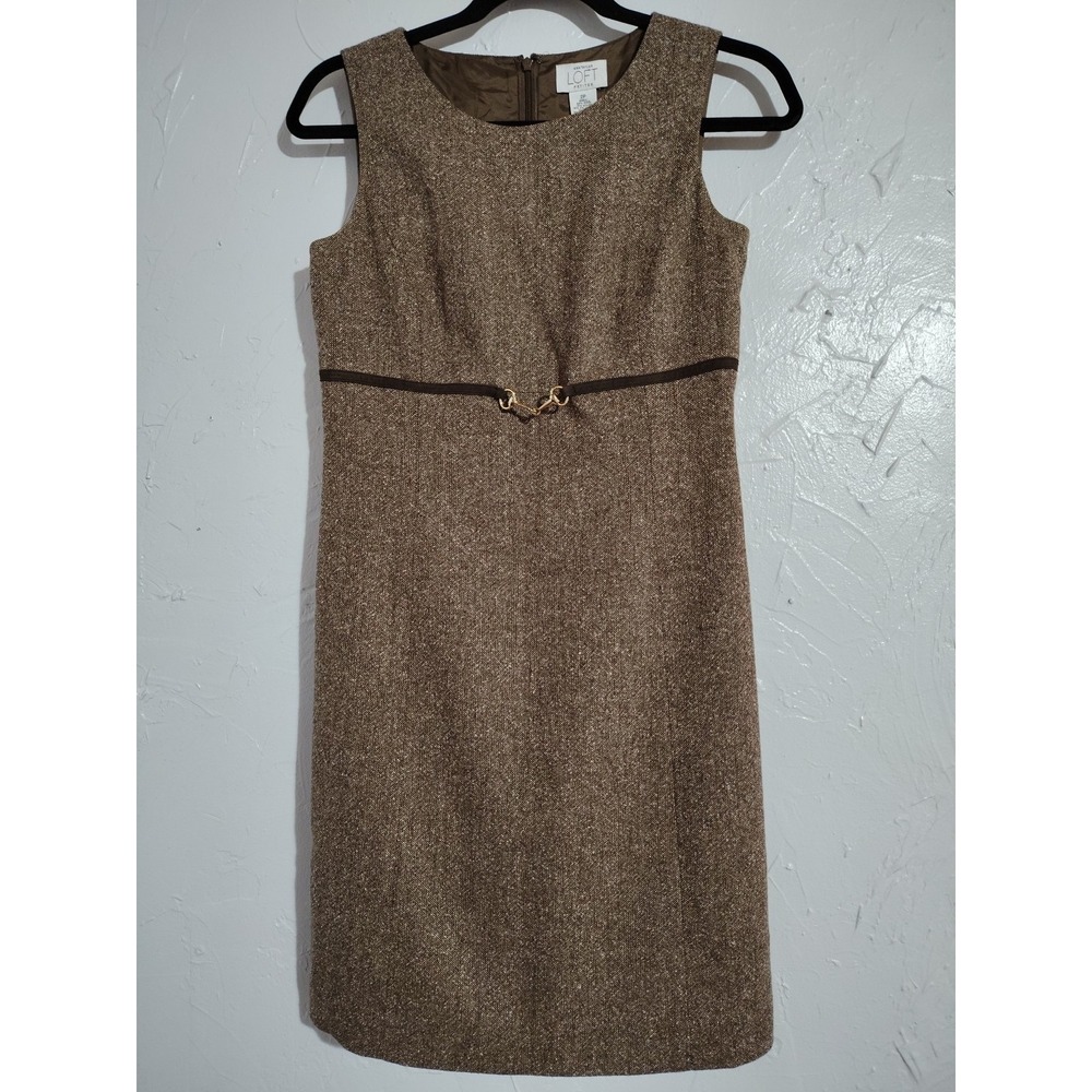Ann Taylor Loft Dress Ladies 2P Brown Tweed Sleeveless‎ Lined Belt Zip Classic
